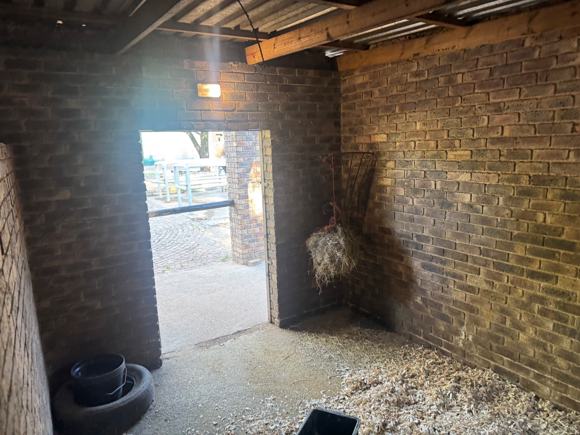 Inside a stable with a full hay net and fresh water